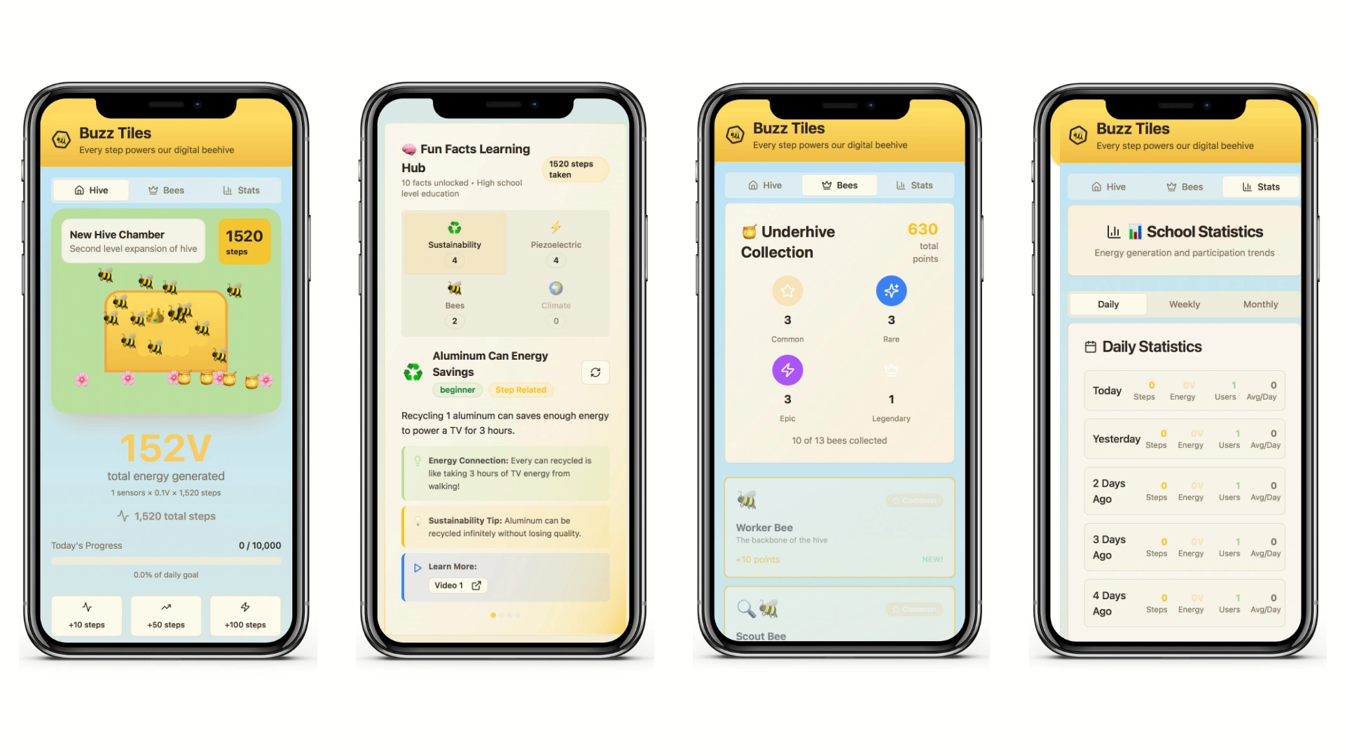 Four BuzzTile app screens showing the hive, learning hub, bee collection, and statistics