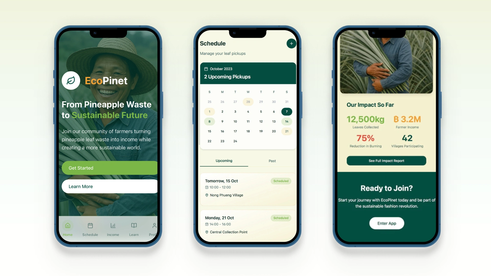 Three EcoPinet application mockups showing the home page, pickup schedule, and an illustrative impact dashboard