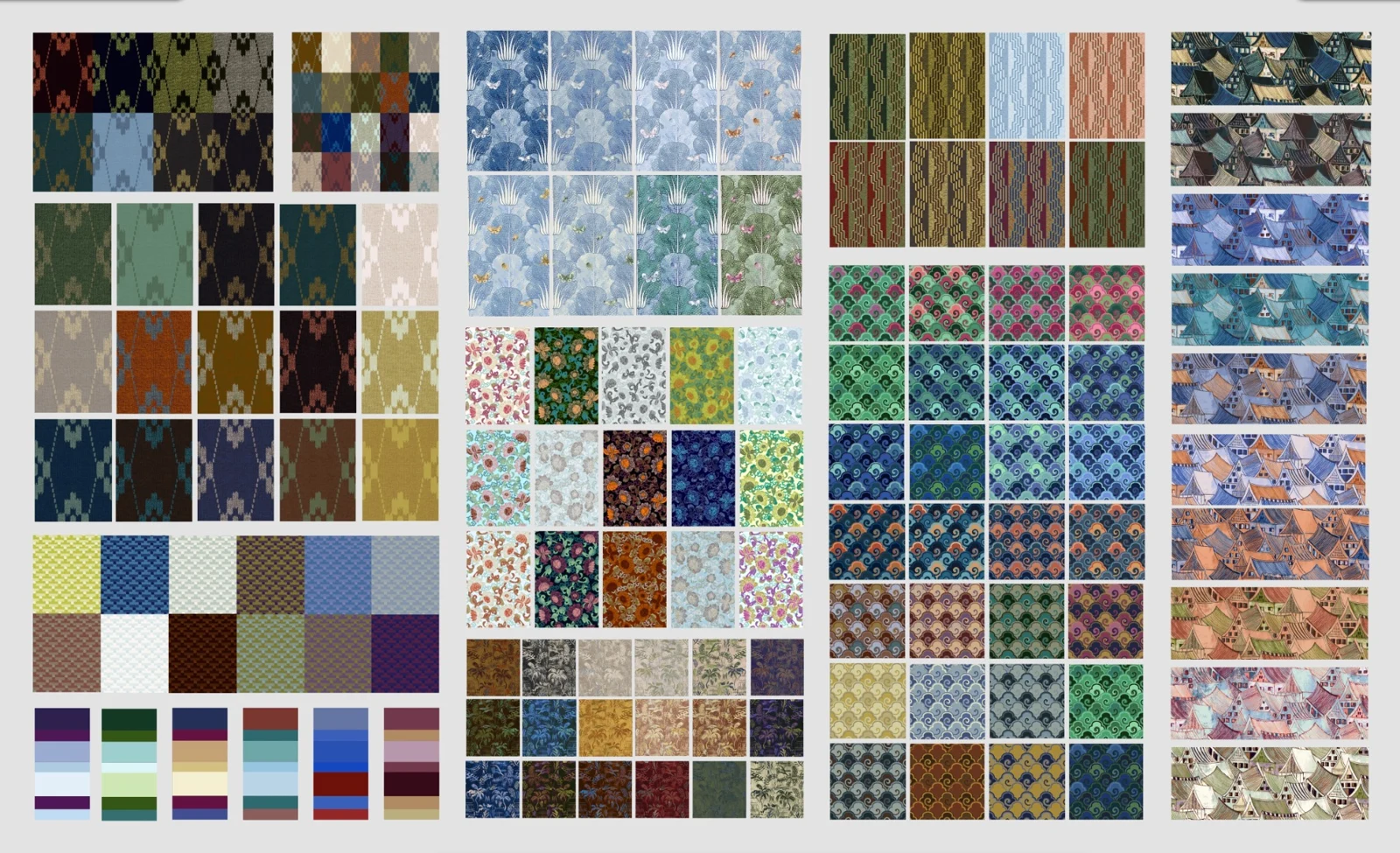 A collection of fabric patterns and colorways